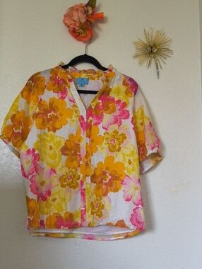 New CeCe White Floral Blouse with Pink & Yellow Blooms XL New without Tag